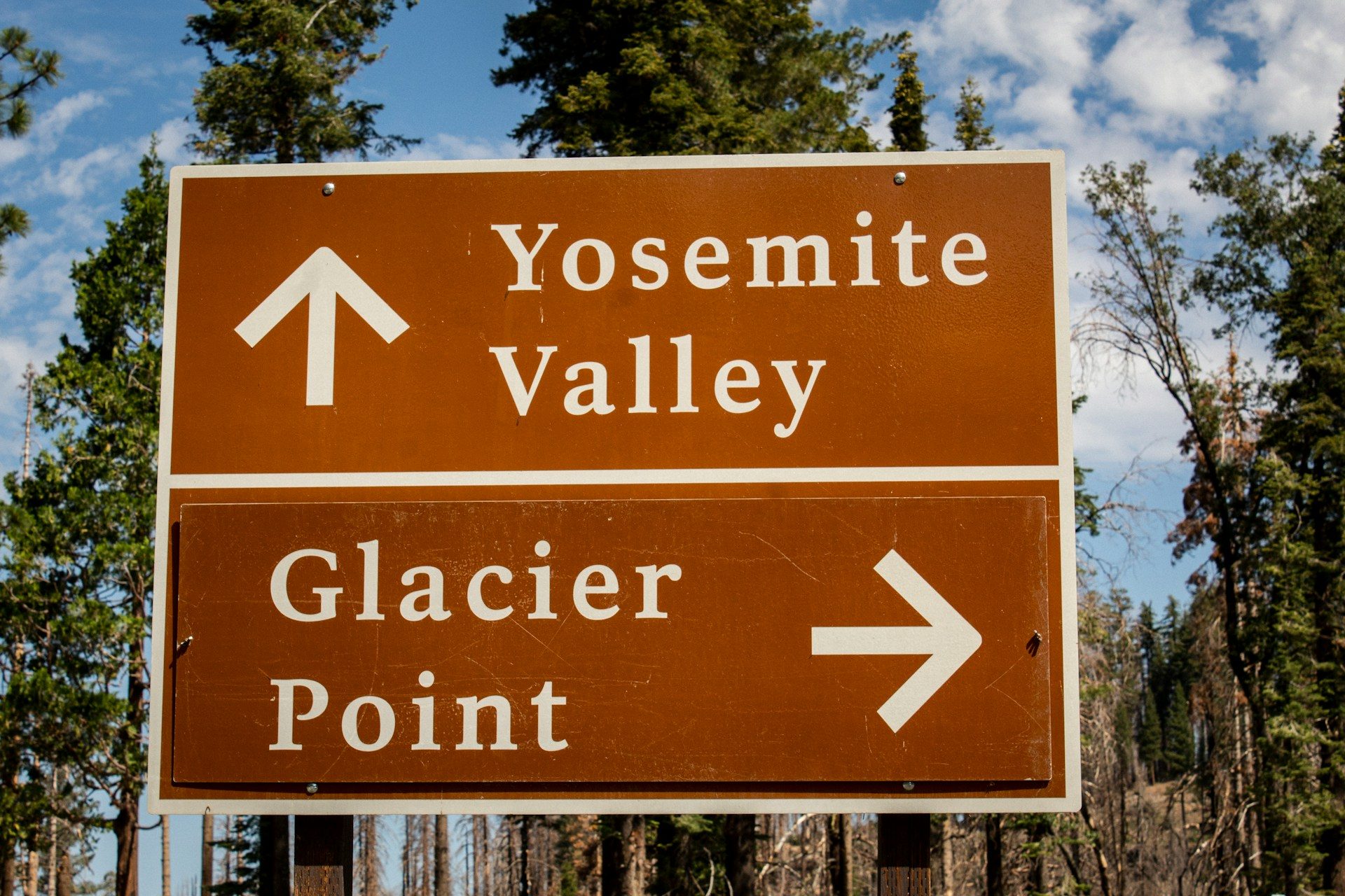 A sign in Yosemite National park pointing towards the Yosemite Valley and Glacier Point