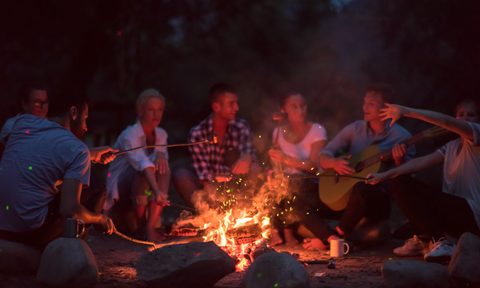 a group of happy young friends relaxing and enjoying summer evening around campfire on the river bank