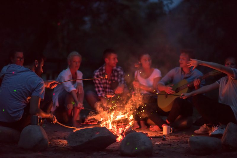 a group of happy young friends relaxing and enjoying summer evening around campfire on the river bank
