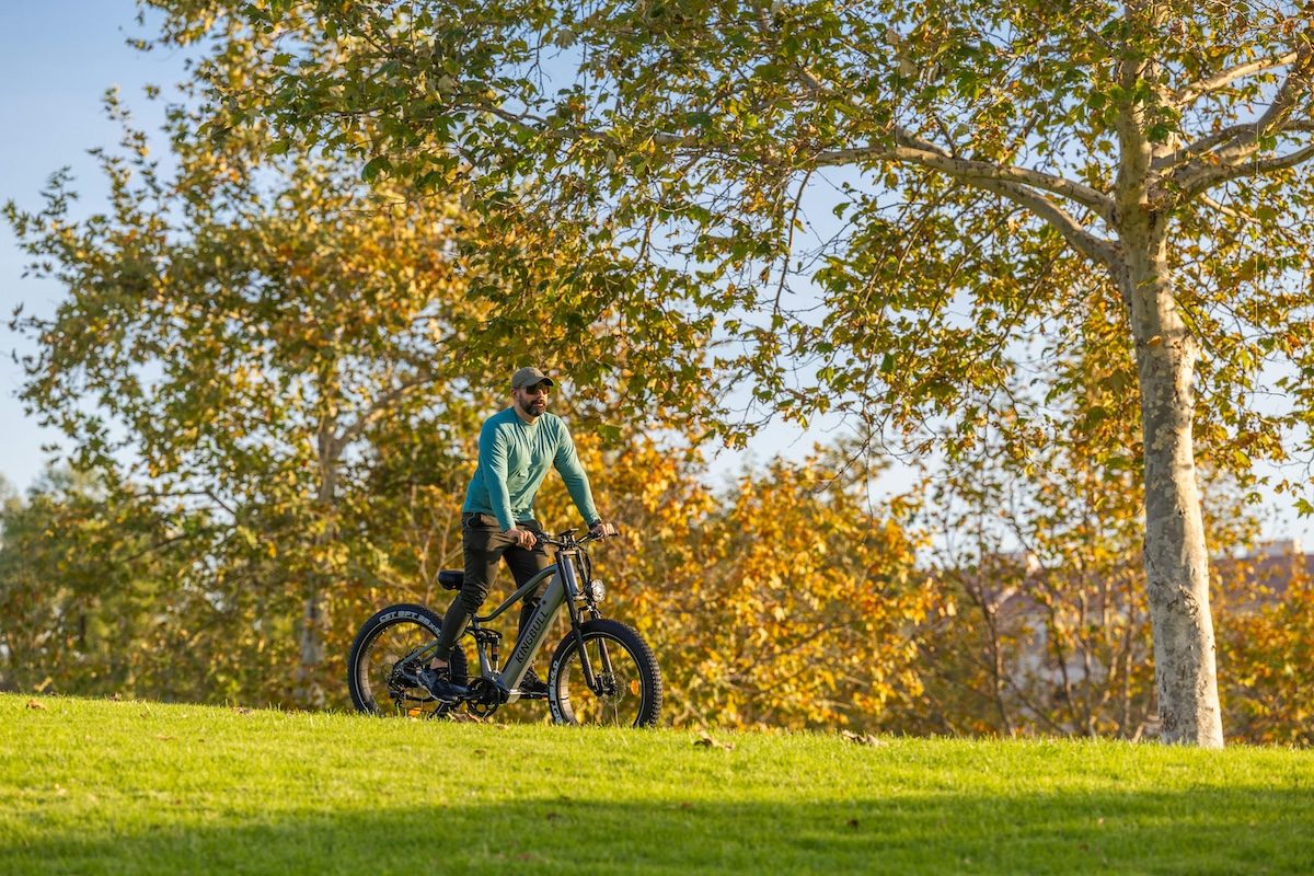 a long shot of a man biking in a large park with trees