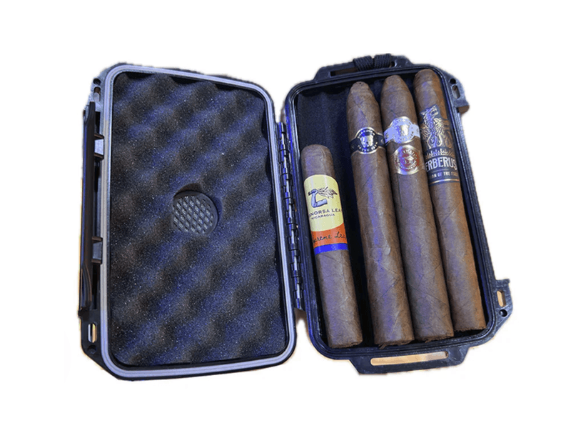 Aganorsa travel humidor that holds five-cigars with brand sticks inside.