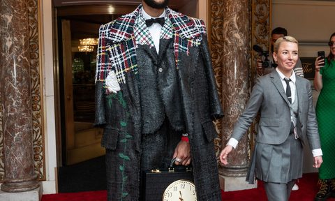 Ben Simmons wearing dress by Thom Browne departs for the 2024 Met Gala on a theme 'The Garden of Time' from The Pierre Hotel in New York on May 6, 2024.