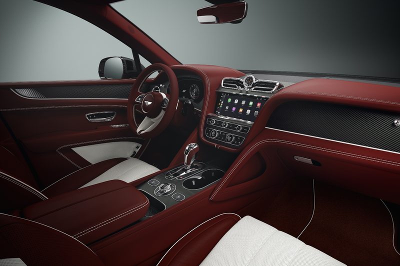 Bentayga Apex Edition limited edition of just 20 cars interior shot of two color upholstery and accents.