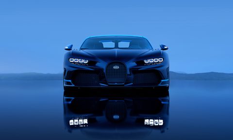 Bugatti Chiron Super Sport last of 500 direct front view with mirror reflection below.