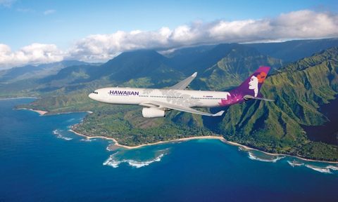 Hawaiian Airlines airplane over the ocean