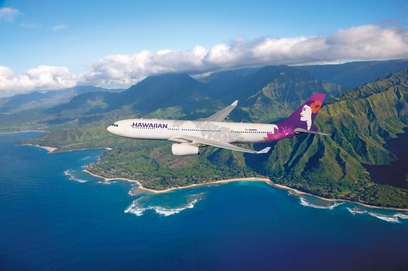 Hawaiian Airlines airplane over the ocean
