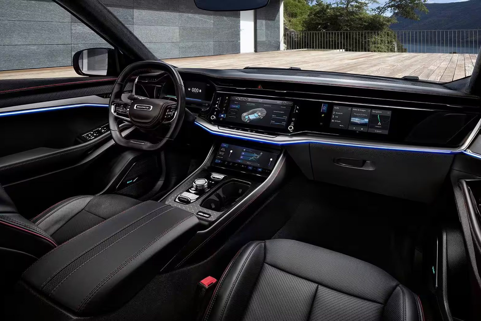 Jeep Wagoneer S all-electric model full front seat interior.
