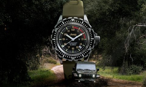 Jeep and Marathon Watch collection launch image with a watch in the center and a Jeep driving on a muddy dirt road.