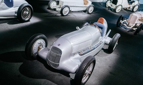 Mercedes-Benz Silver Arrow W25 single-seat race car on display at the Mercedes-Benz Museum.