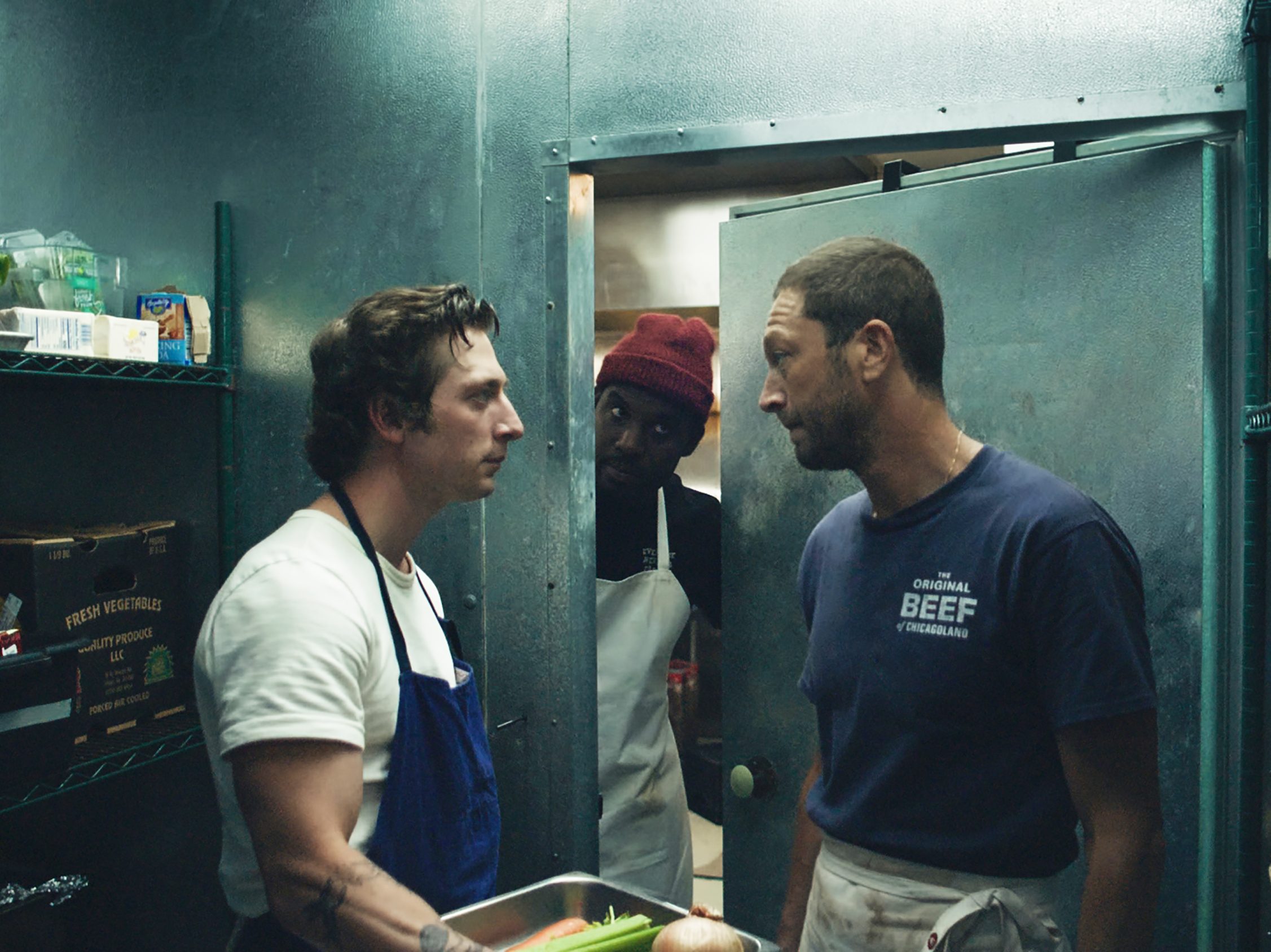 Jeremy Allen White as Carmen 'Carmy' Berzatto, Lionel Boyce as Marcus, Ebon Moss-Bachrach as Richard 'Richie' Jerimovich. CR: FX