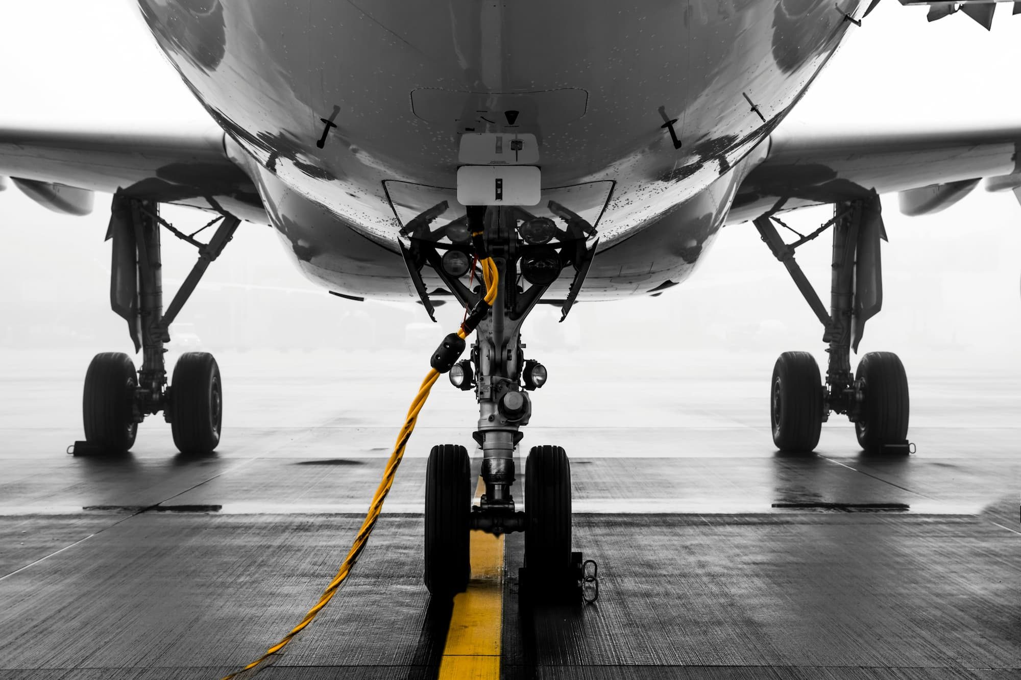 view of the bottom of an airplane on the runway