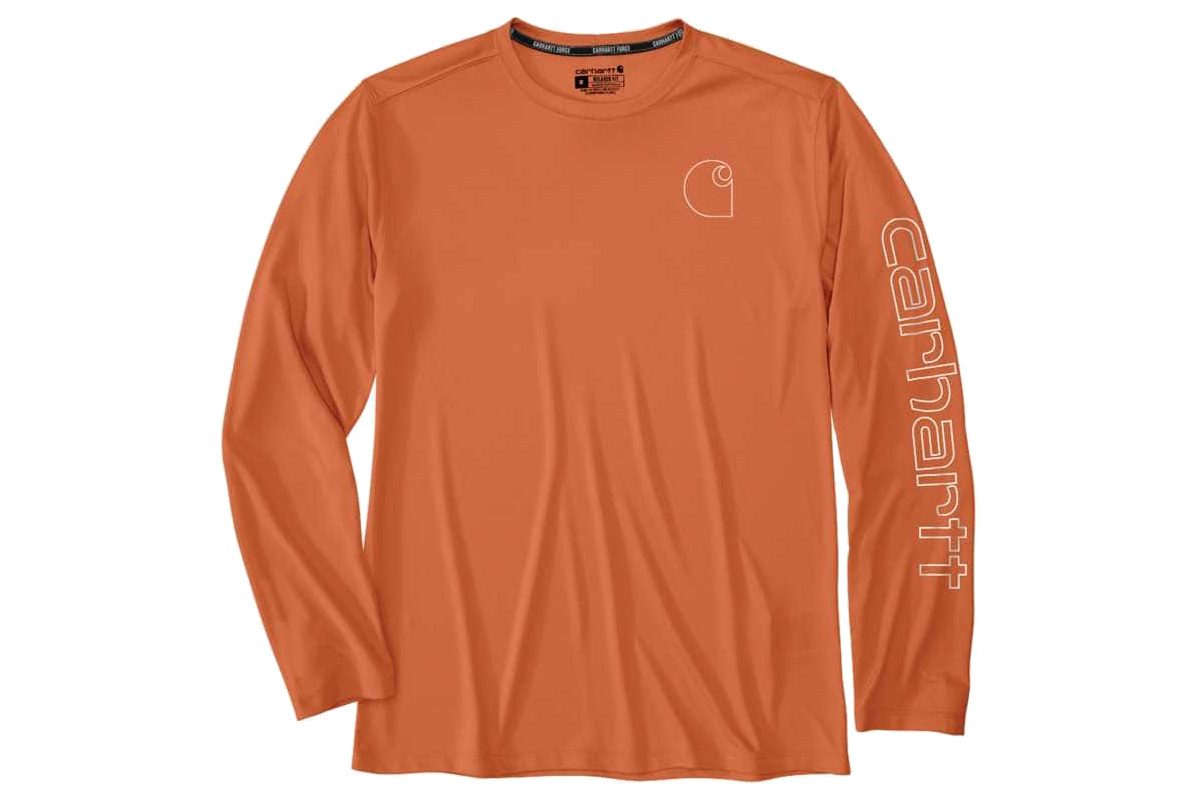 Carhartt Force Sun Defender Long-Sleeve Logo Shirt in Sedona Orange, isolated on a white studio background.