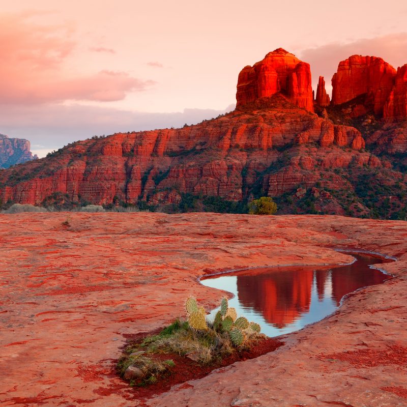 Cathedral Rock in the distance is reflected in a pool of water at sunset