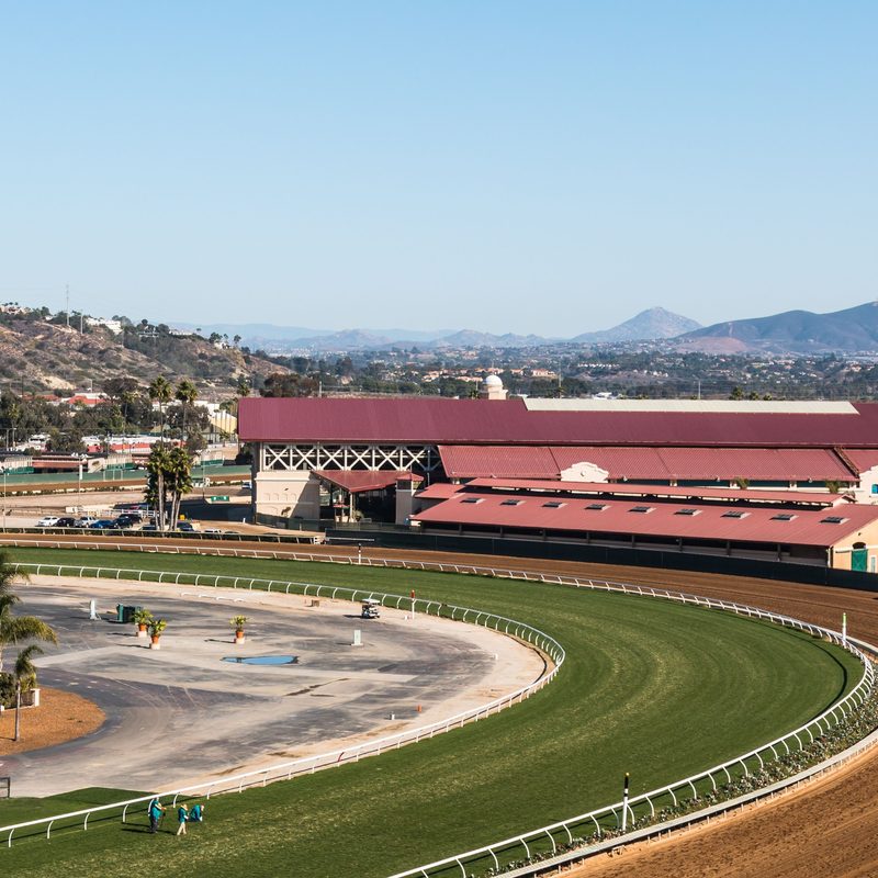 Thoroughbred horse racing track and surrounding area with mountains in the distance.