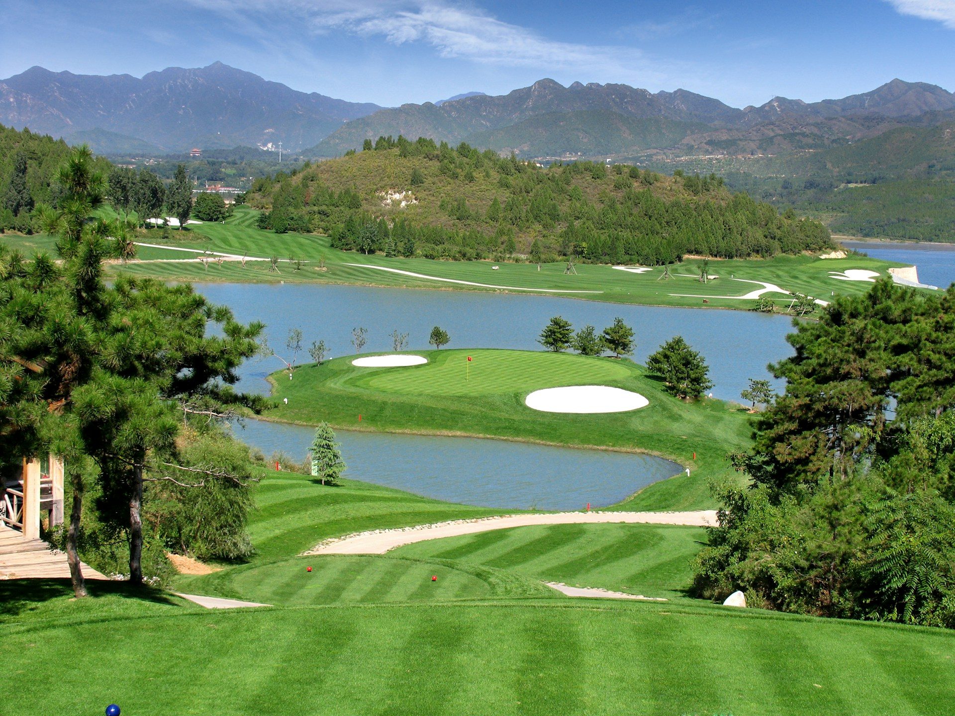 A golf course with water views.