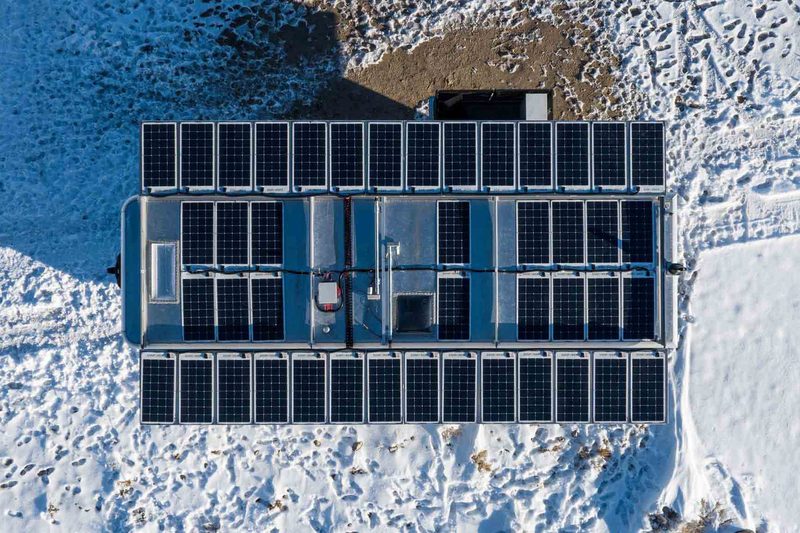 Rooftop solar panel array on a Living Vehicle RV/travel trailer.