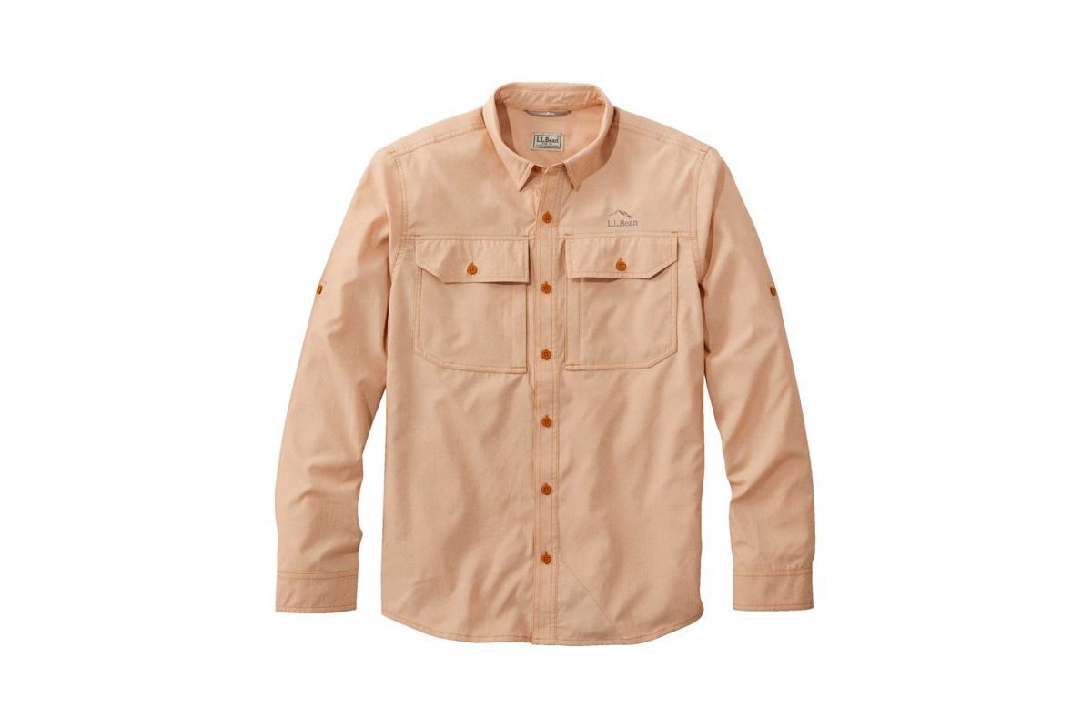L.L. Bean's No Fly Zone Long-Sleeve Shirt isolated on a plain white studio background.