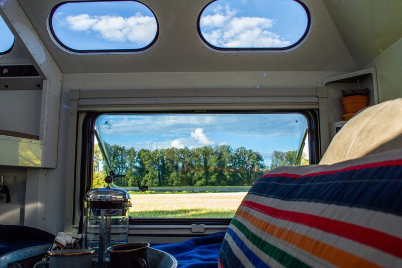 Looking out from inside the Mammoth Overland TL overland trailer.