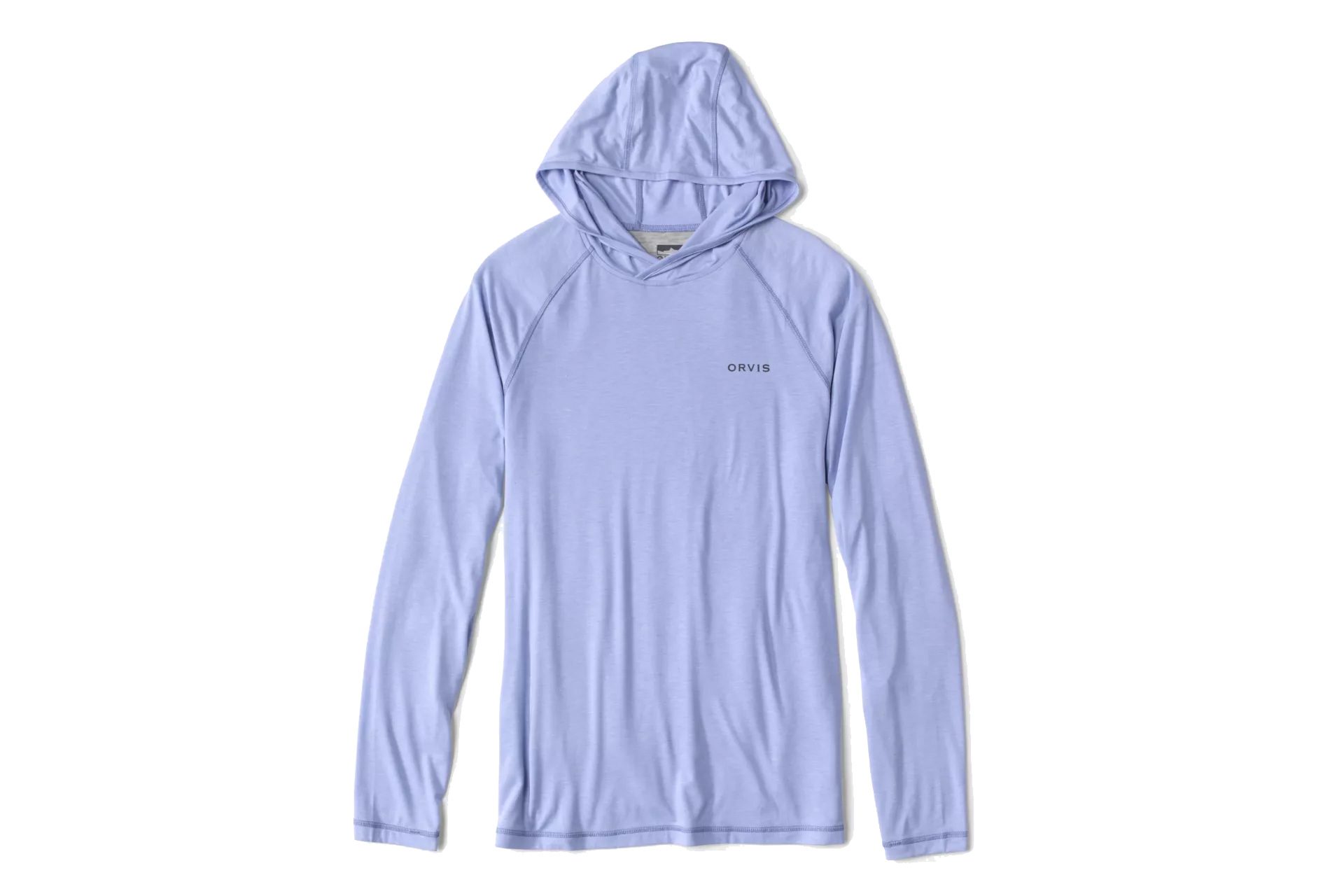 Orvis DriCast Hoodie in blue, isolated on a plain white studio background.