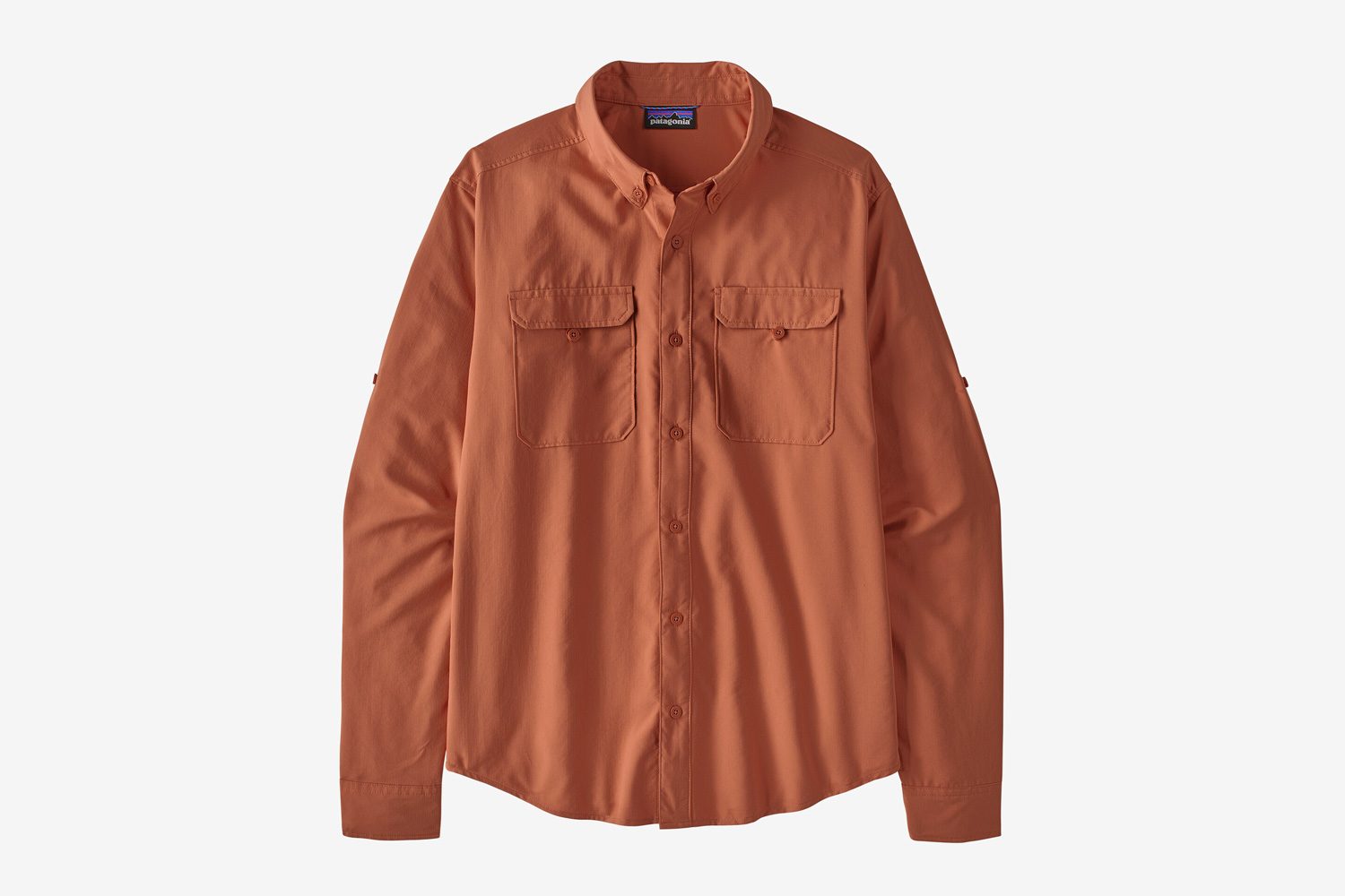 Patagonia Men's Long-Sleeved Self-Guided UPF Hike Shirt isolated on a plain studio background.