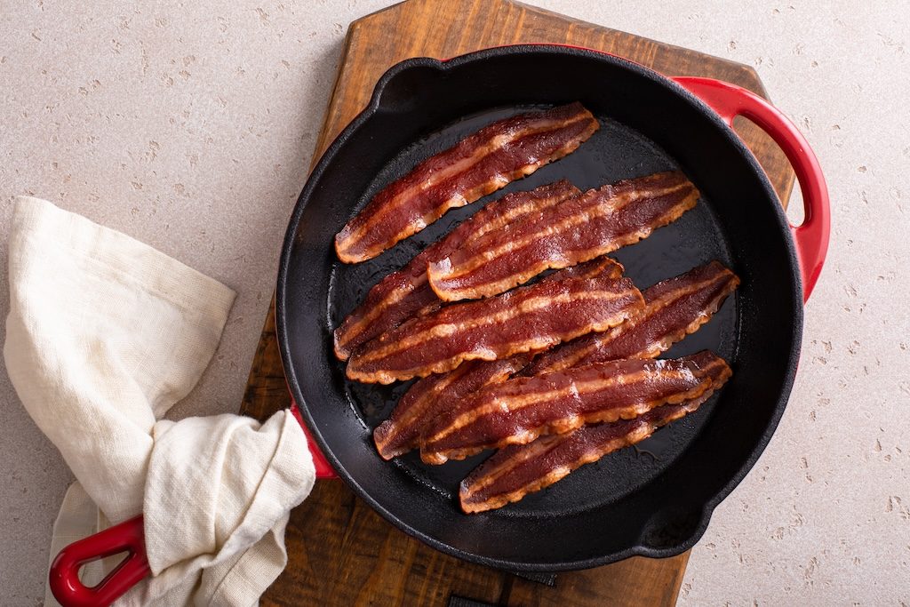 turkey bacon in a pan