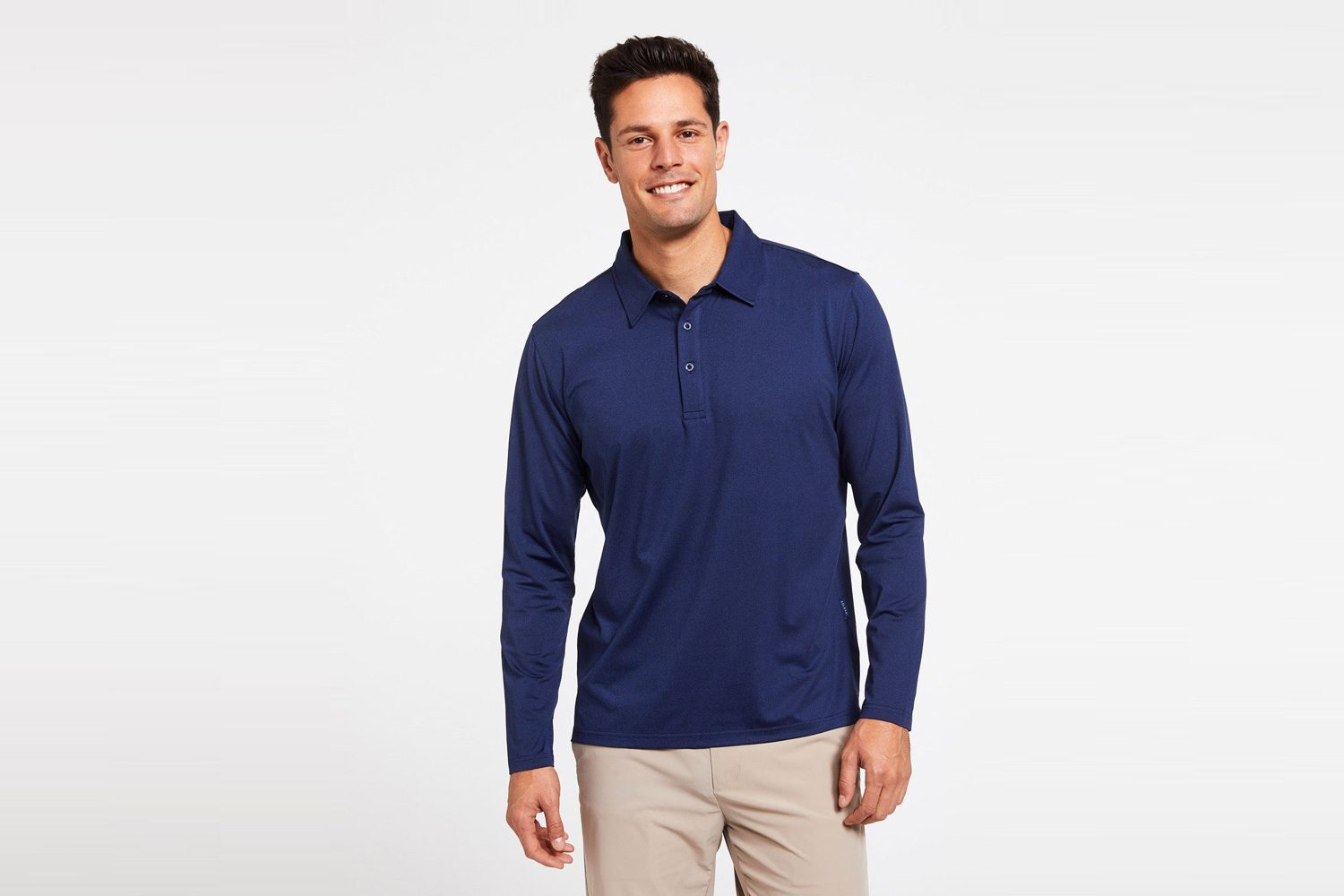 Model wearing a Solbari Long Sleeve Polo Shirt UPF50+ Active Collection.