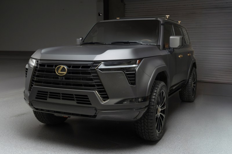 2024 Lexus Monogram GX concept vehicle left front three-quarter view parked in a garage.