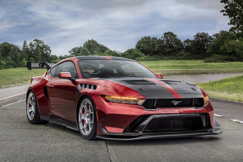 2025 Ford Mustang GTD exterior front showing new active aerodynamics and front dive planes.