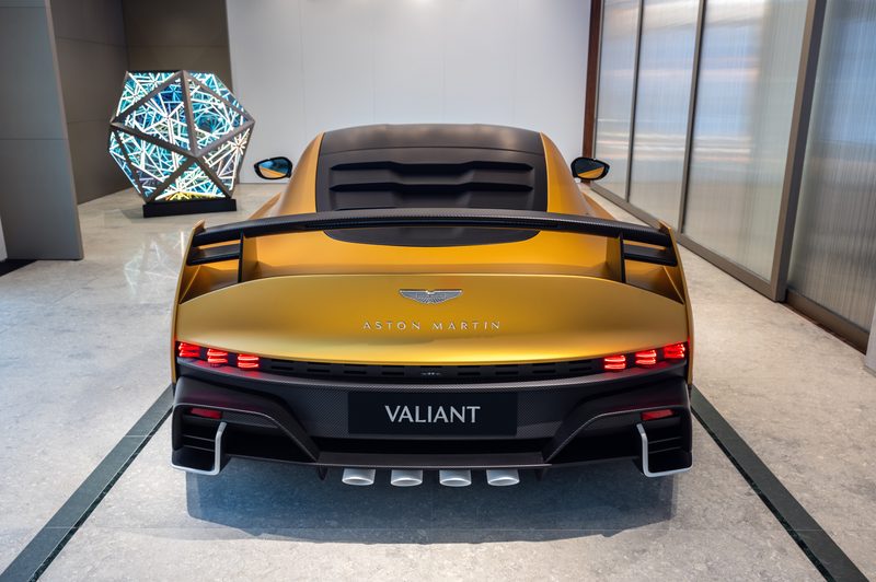 Aston Martin limited edition Valiant road-legal race car at Q New York direct rear view.