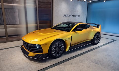 Aston Martin limited edition Valiant road-legal race car at Q New York left front three-quarter image.