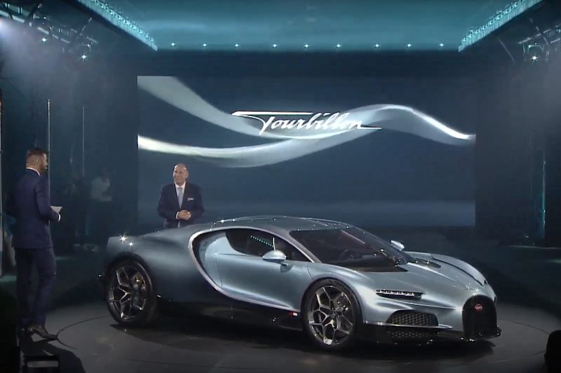 Bugatti CEO Mate Rimac and test track driver Andy Wallace introducing the Bugatti Tourbillon hypercar.