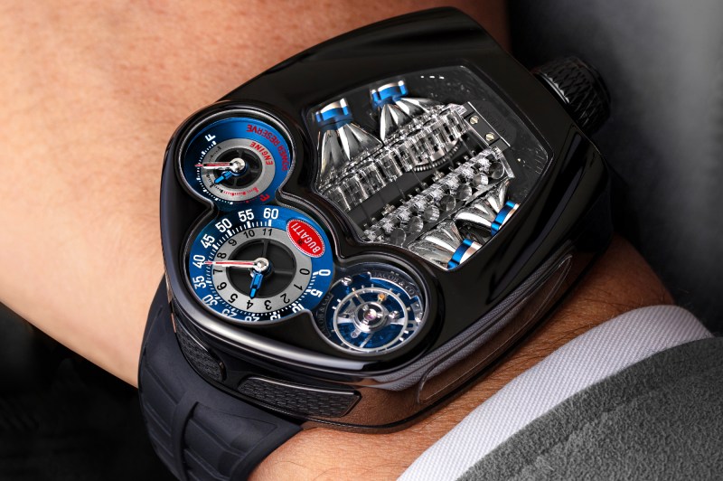 Bugatti Tourbillon limited edition watch on a wrist with watch sidewaya.