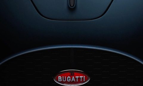 Bugatti hypercar hood with logo.