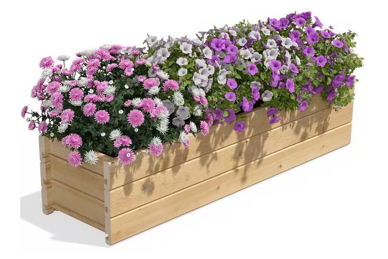 The Cedar Wood Planter Box with flowers in it.