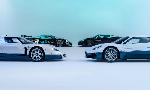Celebrating the MC C12 with the Maserati MC12 GT1 Vitaphone, MC20 Leggenda, MC12 Stradaleand MC20 Icona with the newer cars in the foreground.