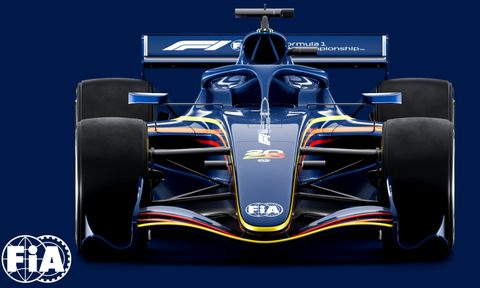 Direct front view of a 2026 F1 racecar according to new FIA regulations.