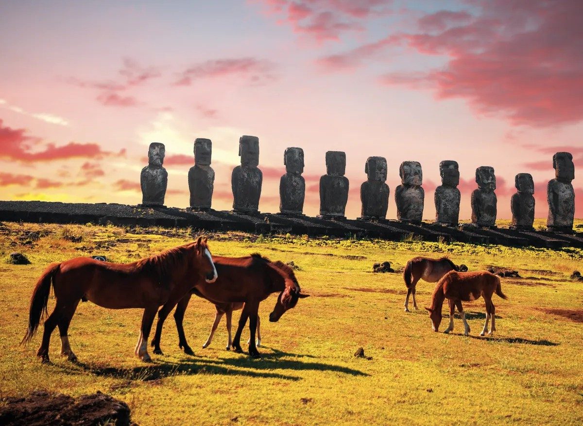 Horses and statues on Easter Island