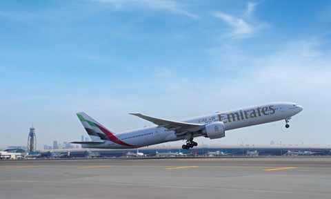 Emirates 777 taking off from Dubai airport