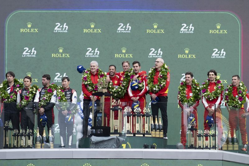 Ferrari on the podium after winning the 2024 24 hour of s Le Mans.