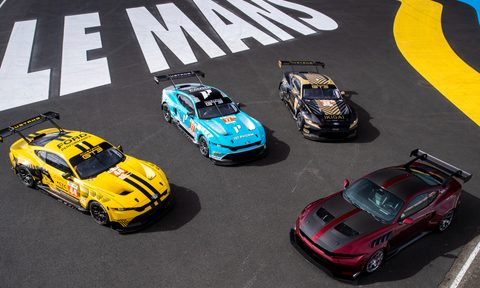Ford Mustang GT3 race cars to race in the 2024 24 Hour of Le Mans World Endurance Championship race.