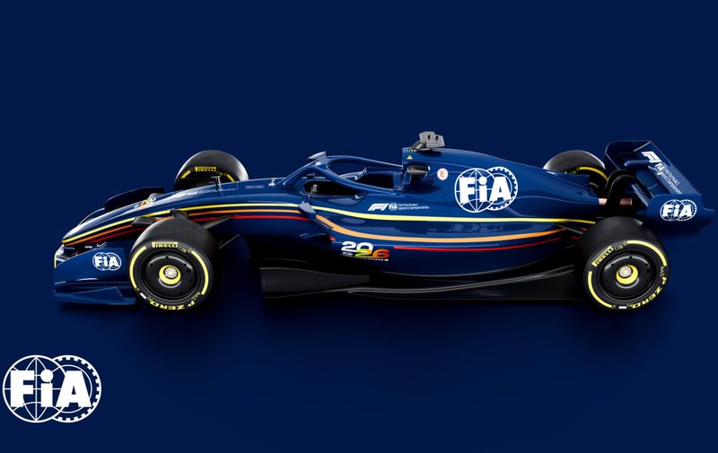 Left profile of a 2026 F1 racecar according to new FIA regulations.