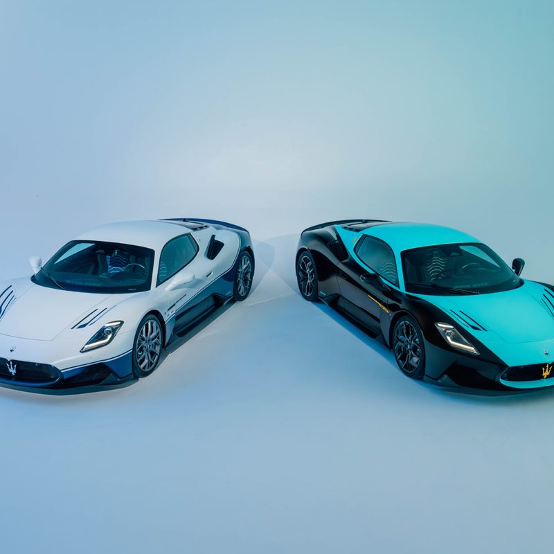 Maserati MC20 Icona and MC20 Leggenda on a monochrome background.