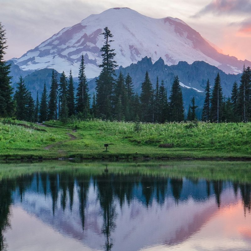 Mount Rainier, a water view, and a pink warm sky view