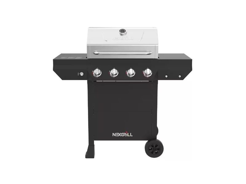 A Nexgrill 4-Burner propane grill with its stainless steel lid down.