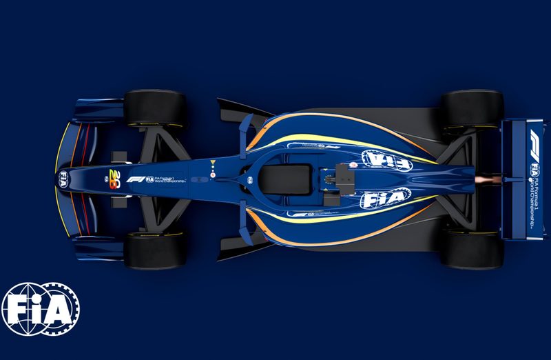 Overhead view of a 2026 F1 racecar according to new FIA regulations.