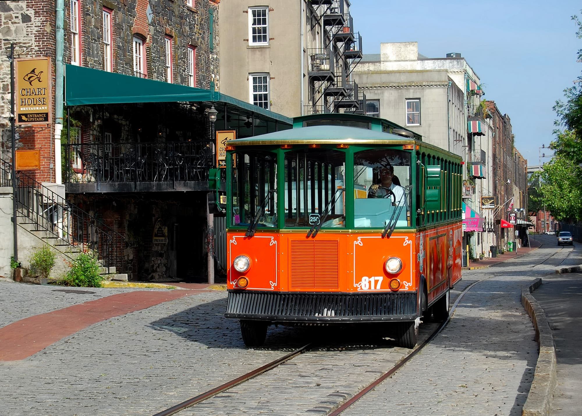 green and red trolley in Savannah, Georgia