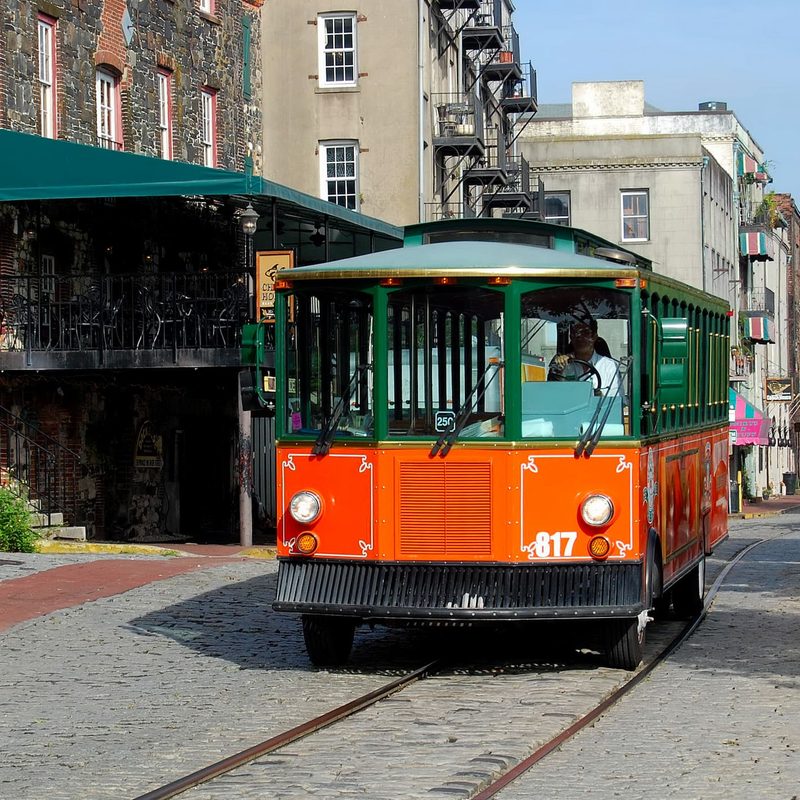 Green and red trolley in Savannah, Georgia