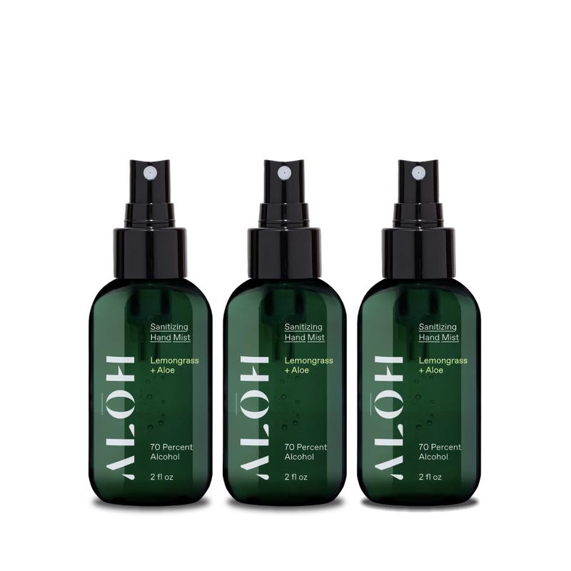 ALŌH Sanitizing Hand Mist (3-pack) isolated on plain white studio background.