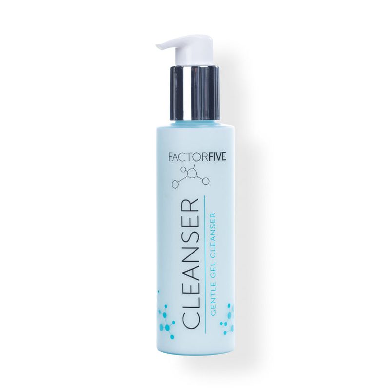 A bottle of FactorFive Gentle Gel Facial Cleanser isolated on a plain white background.