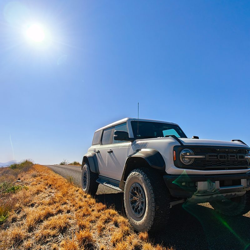 Ford Bronco Raptor parked on the roadside in Big Bend National Park.